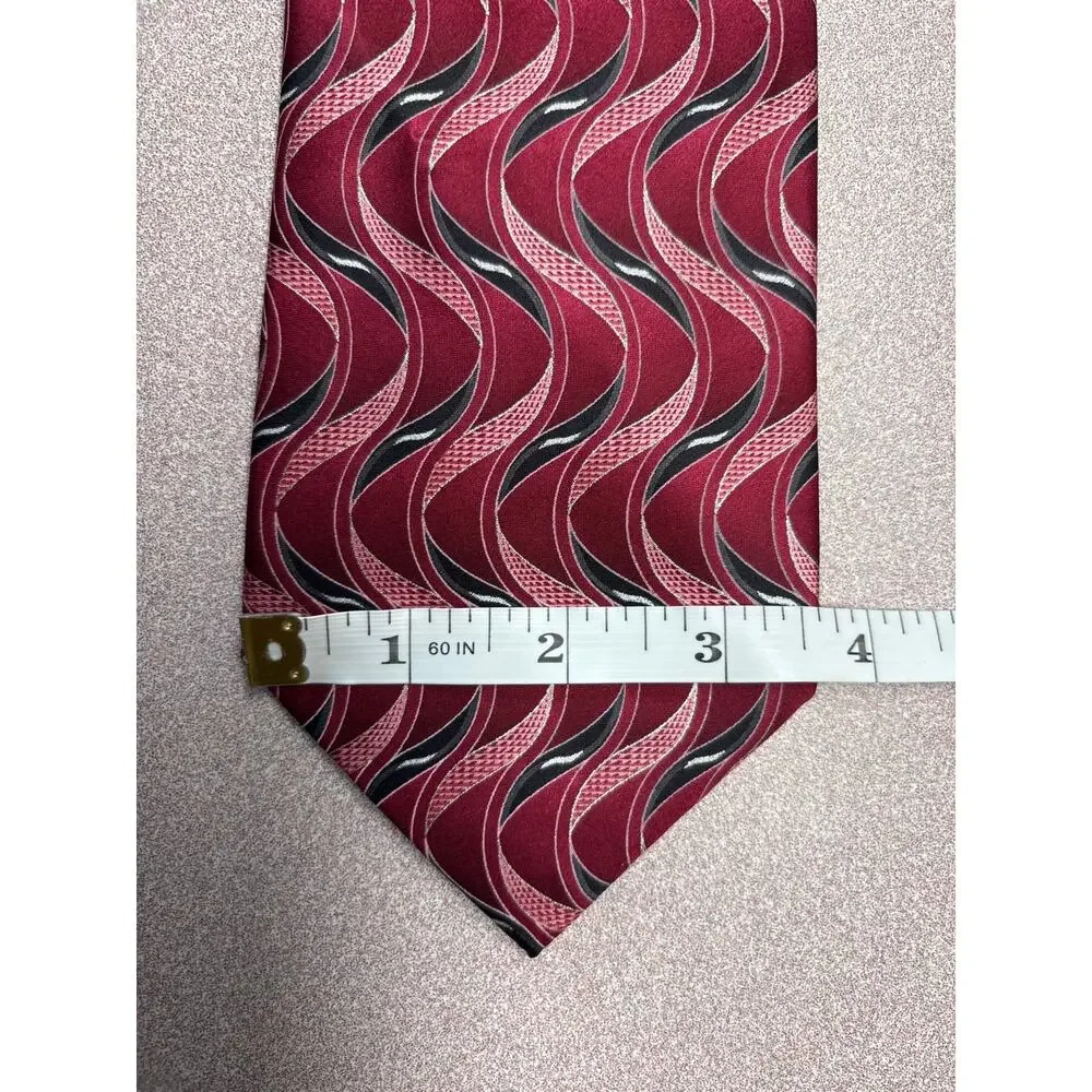 Palatina Red Black Silver 100% Silk Tie Abstract Pattern